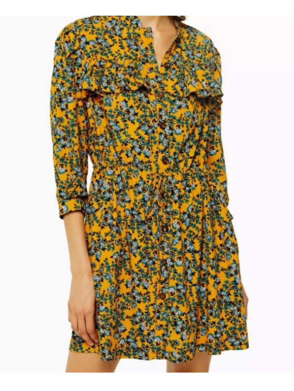 Topshop Mustard Yellow Floral Ruffle Shirt Mini Dress Cottagecore Indie Boho 10
